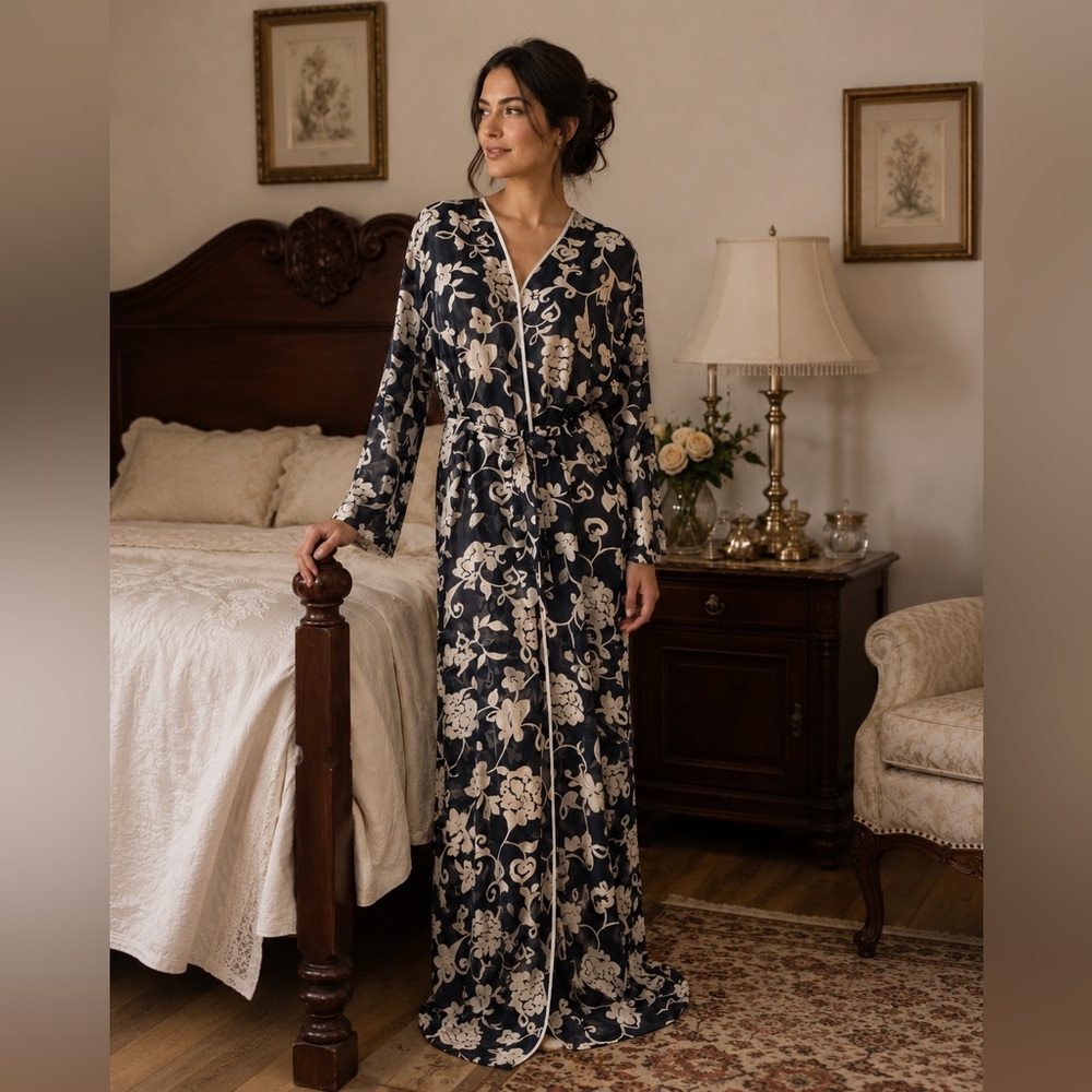 Romantic Long Floral Kimono Robe / Duster Semi-Sheer Robe Sz M Coldwater Creek